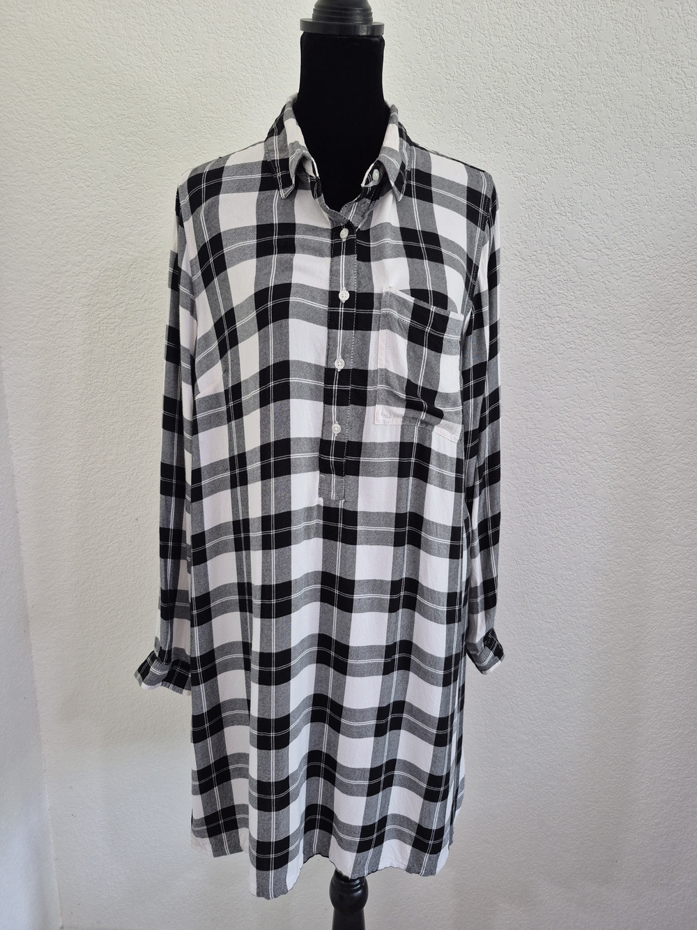 Women's Black & White Plaid Popover Shirt Dress